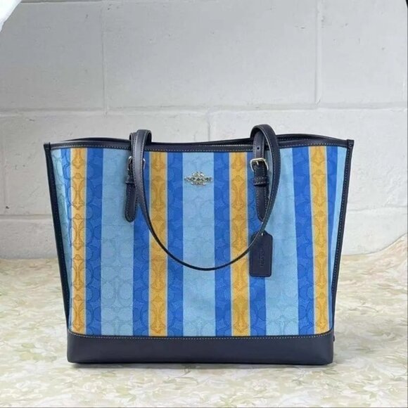 Coach Mollie Tote in signature jacquard with stripes C4088 Blue Yellow - Picture 1 of 5